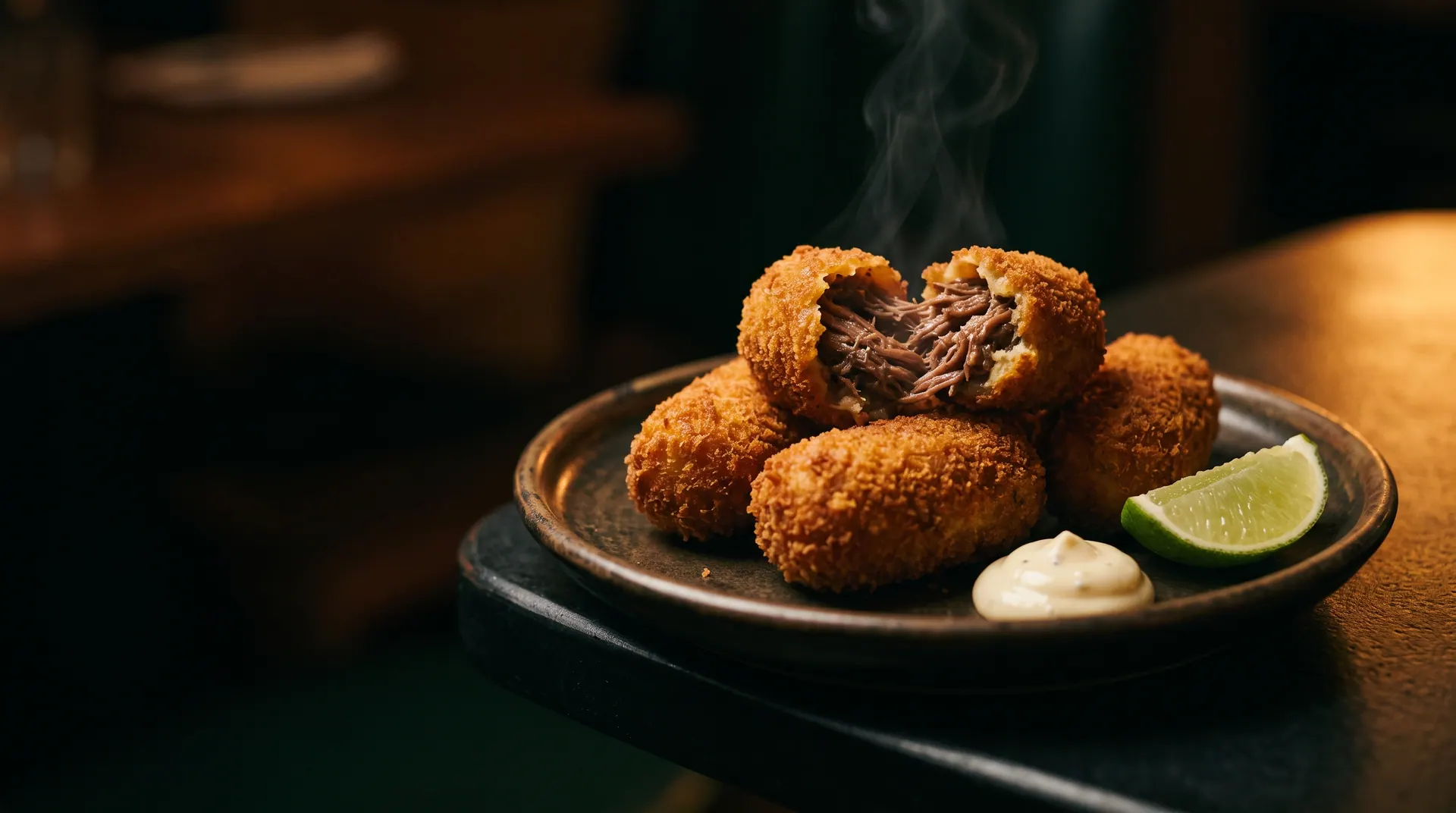 Croquetas de costela, uma aberta mostrando o recheio