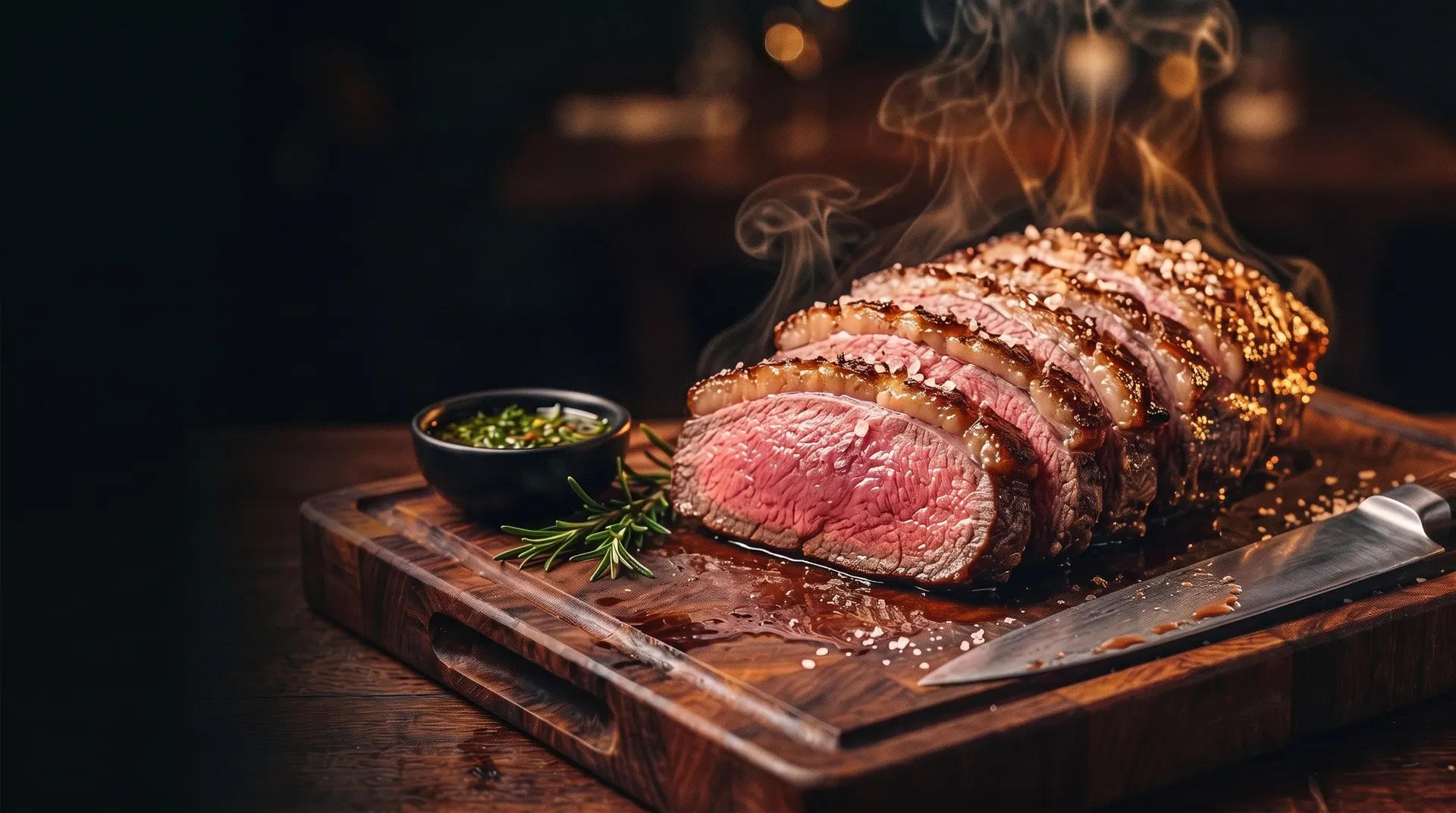 Picanha Ferreirinha fatiada na tábua, rosada por dentro